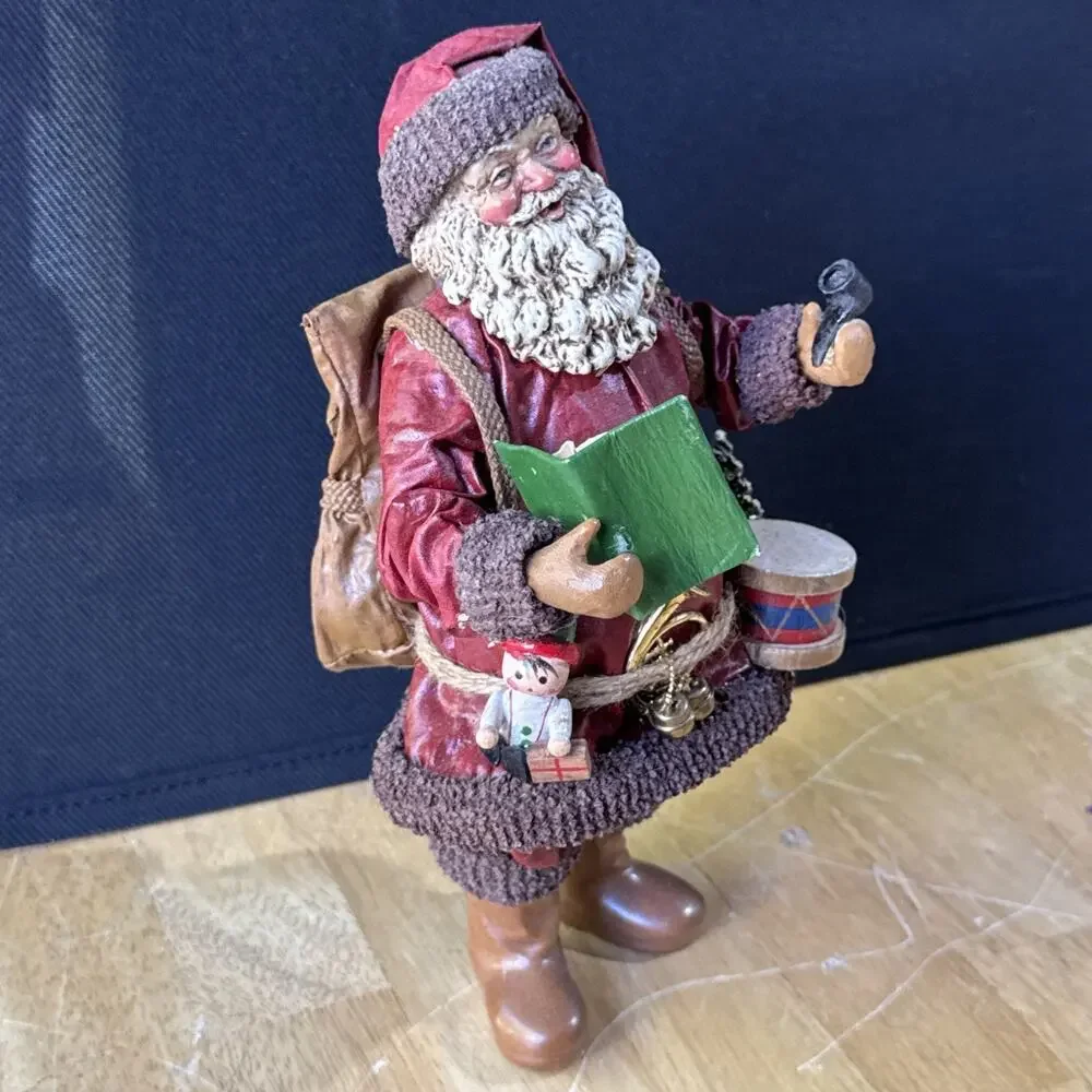 Kurt Adler Santa’s World Fabric Mache 10.5” Burgundy Santa w/ Toys & Box VTG